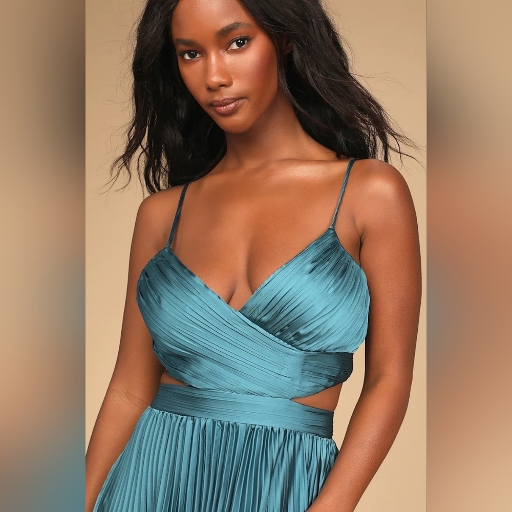 Lulus Got the Glam Teal Pleated Cutout Maxi Dress S Wedding Party Prom Whimsical - Picture 3 of 11